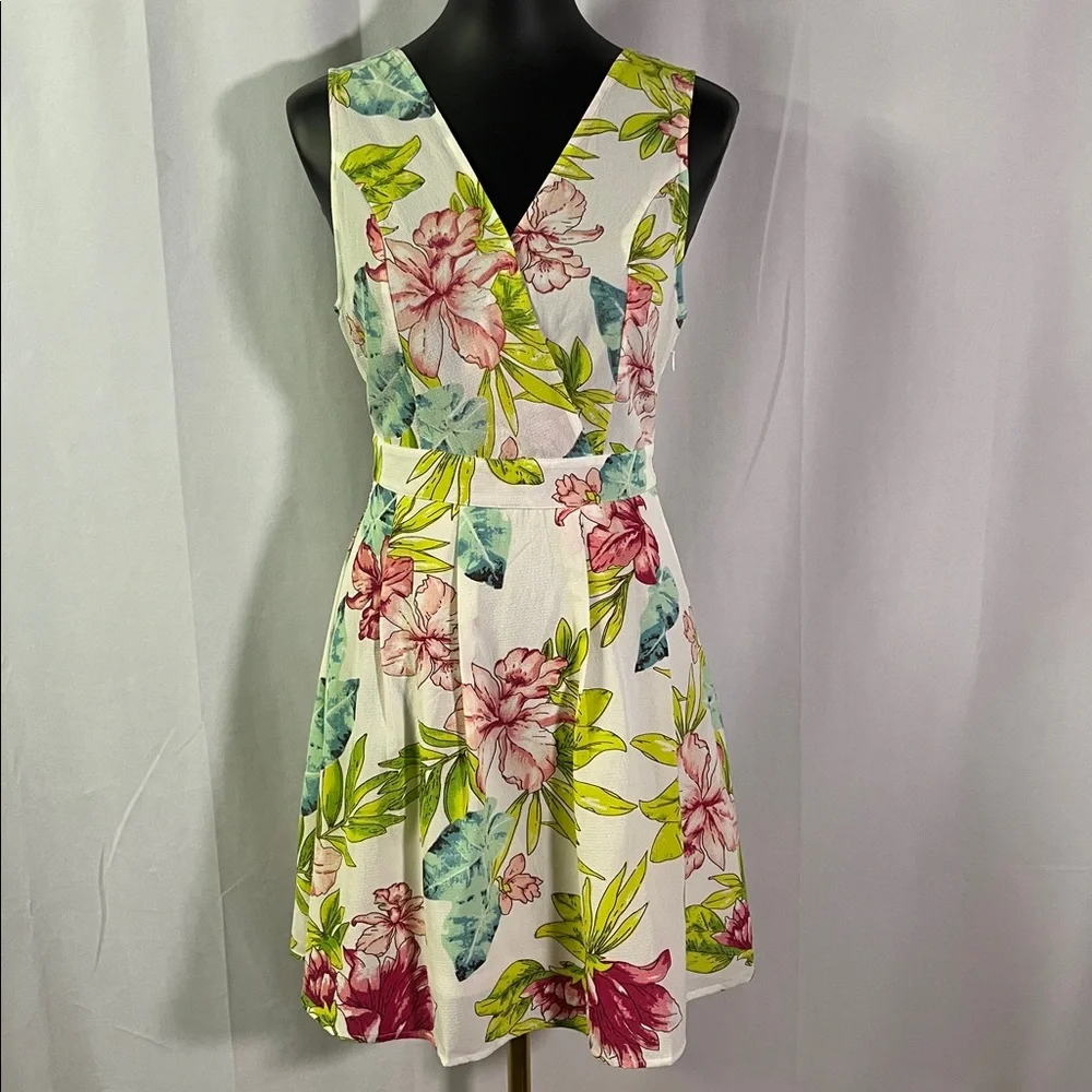 Entro White Multicolor Tropical Floral Print Sleeveless V-Neck A-Line Dress